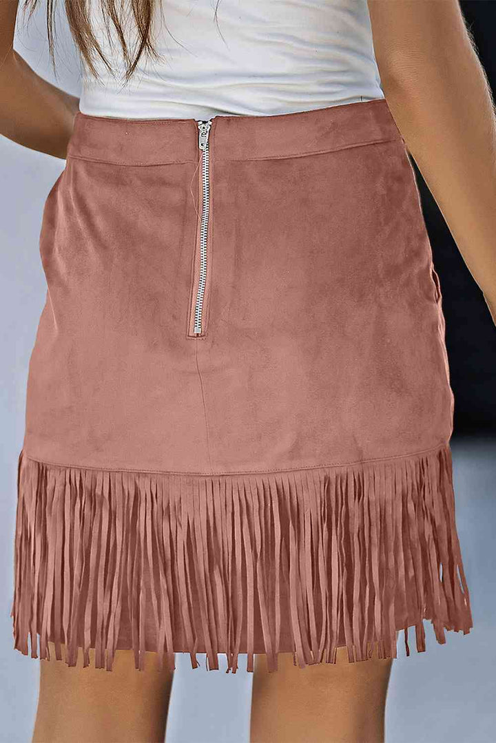 Fringe Detail Zip-Back Skirt with Pockets |1mrk.com