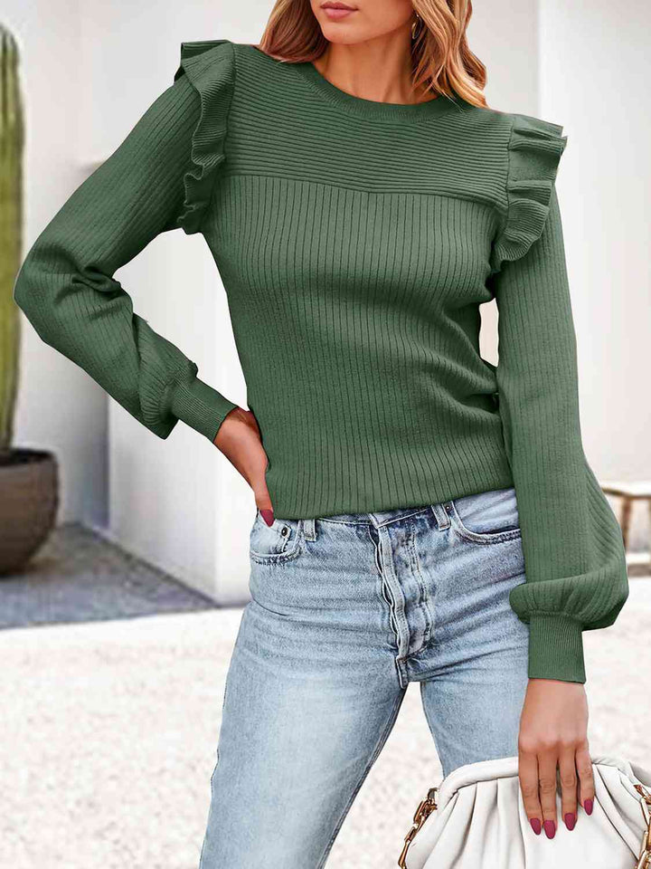 Ribbed Ruffled Round Neck Long Sleeve Knit-Top |1mrk.com