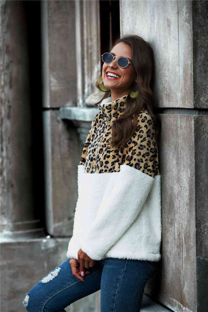 Leopard Color Block Half-Zip Collar Teddy Sweatshirt |1mrk.com