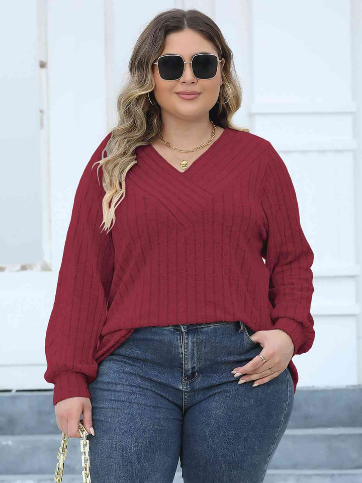 Plus Size Ribbed V-Neck Long Sleeve Top | 1mrk.com