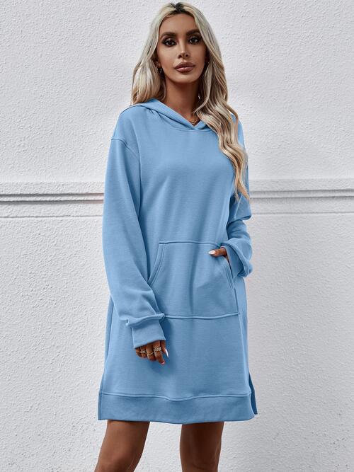 Slit Long Sleeve Hooded Dress with Pocket | 1mrk.com