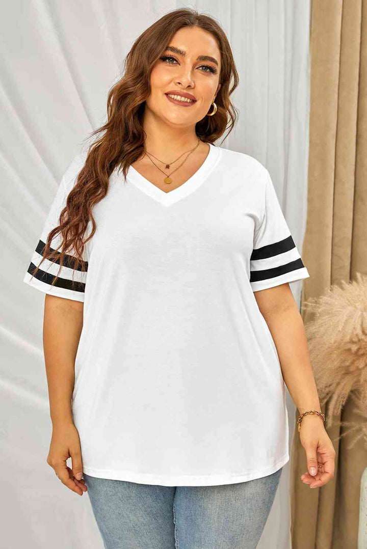 Plus Size Striped V-Neck Tee Shirt | 1mrk.com