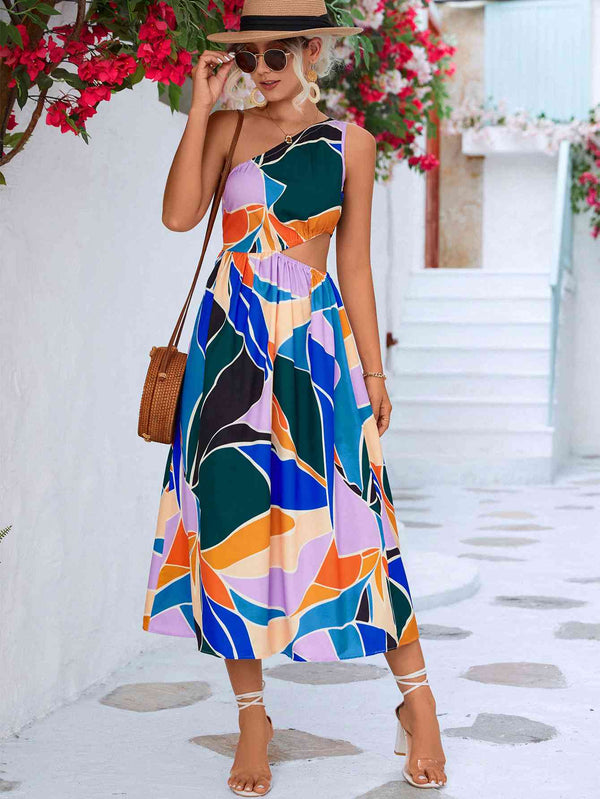 Printed Cutout One-Shoulder Sleeveless Dress |1mrk.com