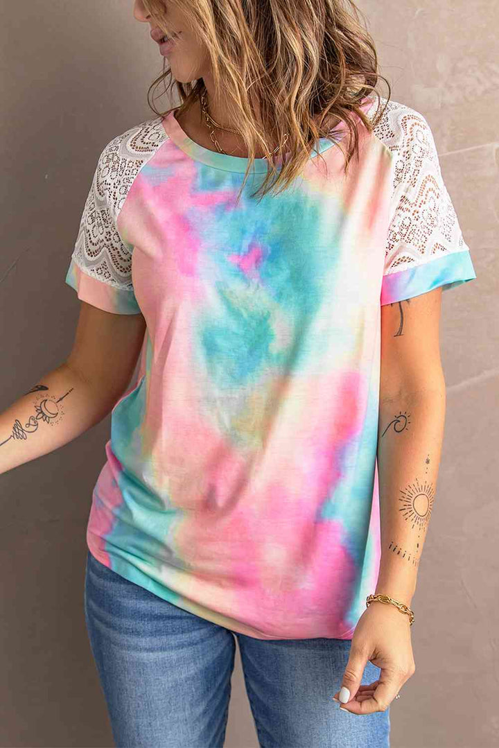 Tie-Dye Spliced Lace Raglan Sleeve Tee | 1mrk.com