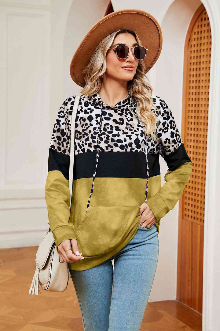 Leopard Drawstring Hoodie with Pocket |1mrk.com