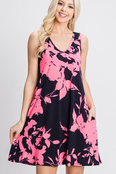 Heimish Full Size Floral V-Neck Tank Dress with Pockets |1mrk.com