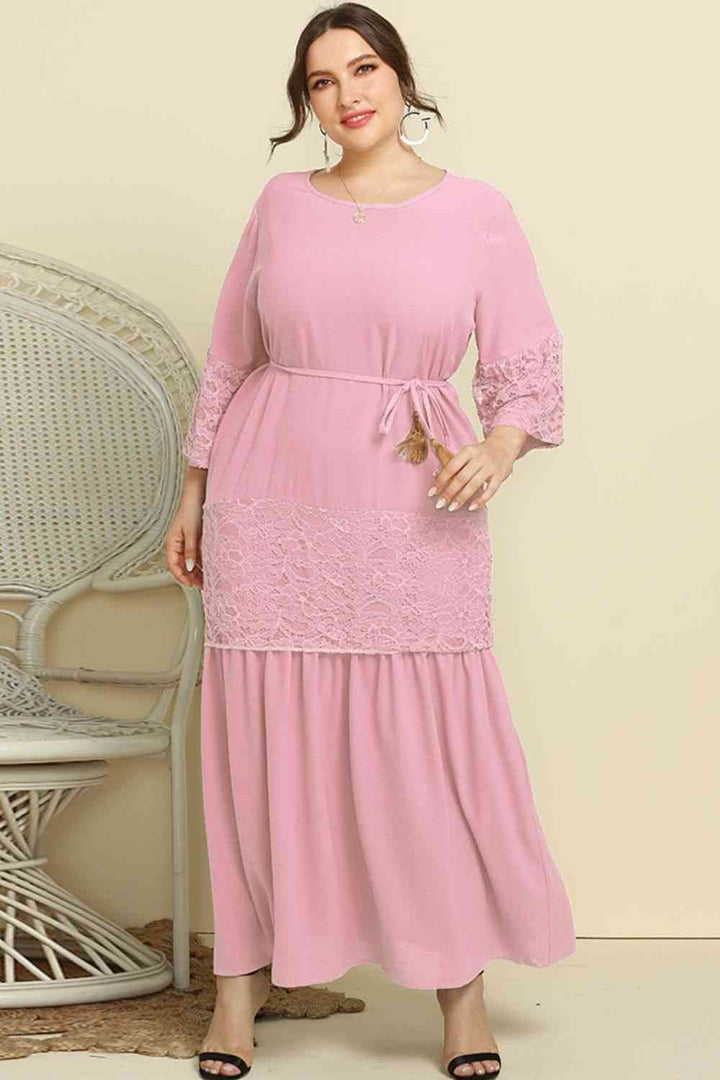 Plus Size Spliced Lace Tassel Belted Dress |1mrk.com