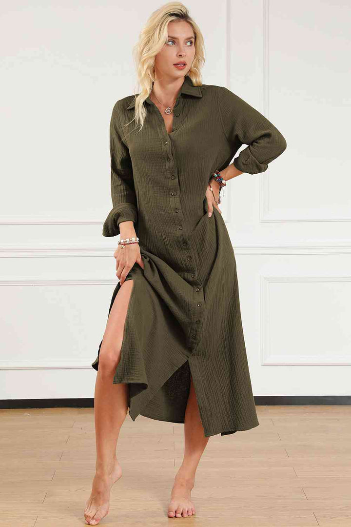 Texture Collared Neck Button Up Slit Shirt Dress |1mrk.com