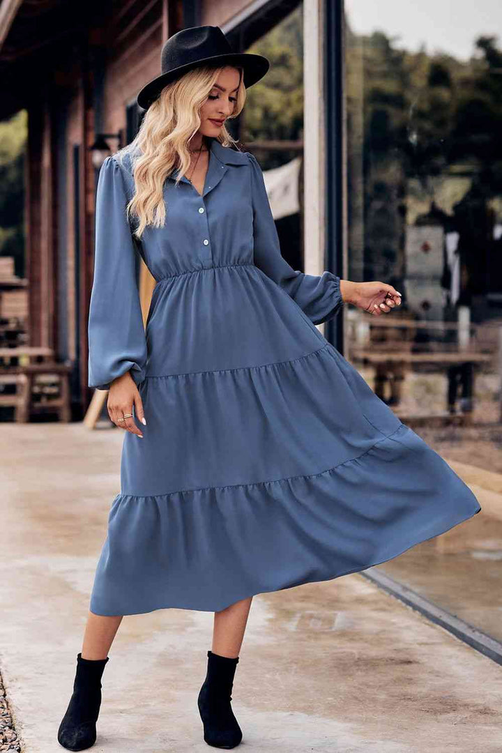 Collared Neck Long Sleeve Midi Dress |1mrk.com