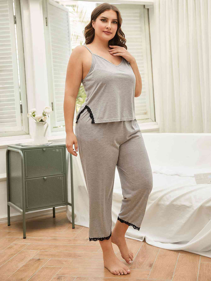 Plus Size Lace Trim Slit Cami and Pants Pajama Set | 1mrk.com