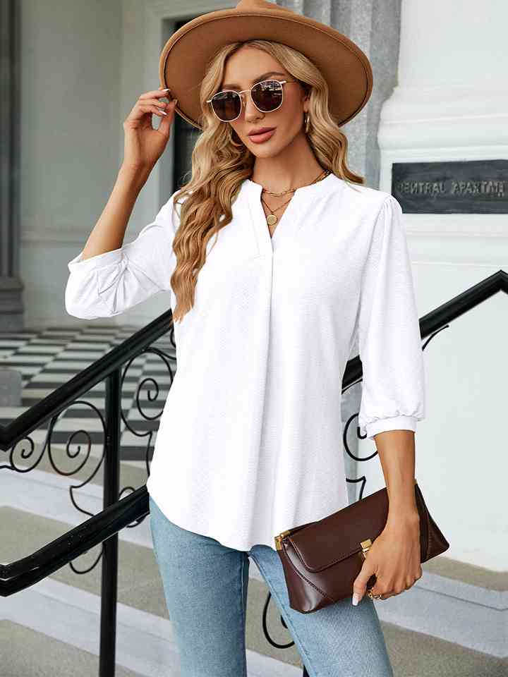 Notched Neck Three-Quarter Sleeve Blouse | 1mrk.com