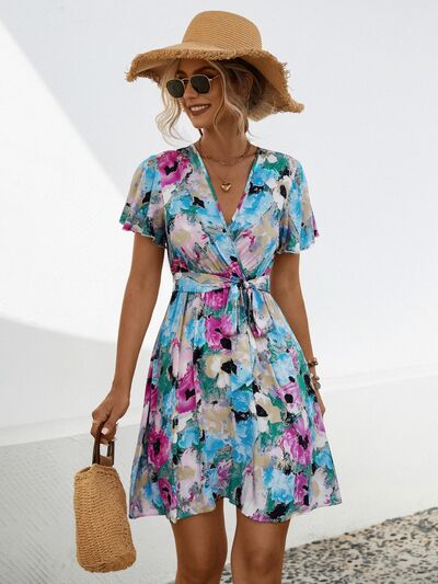 Printed Surplice Tie Waist Mini Dress |1mrk.com