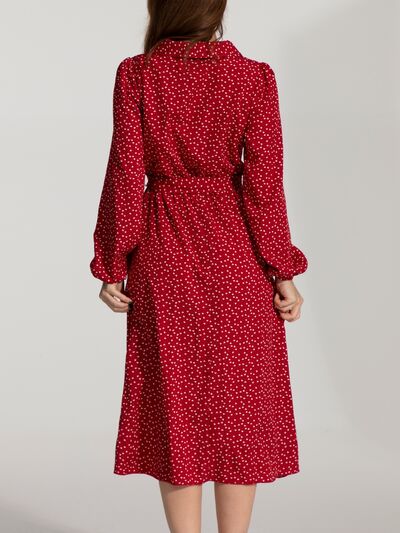 Tied Printed Button Up Balloon Sleeve Dress |1mrk.com