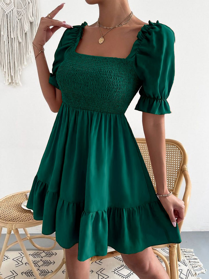 Smocked Square Neck Short Sleeve Dress | Trendsi