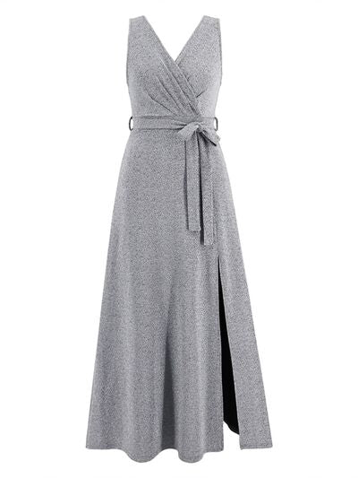 Slit Surplice Tie Waist Sleeveless Dress |1mrk.com