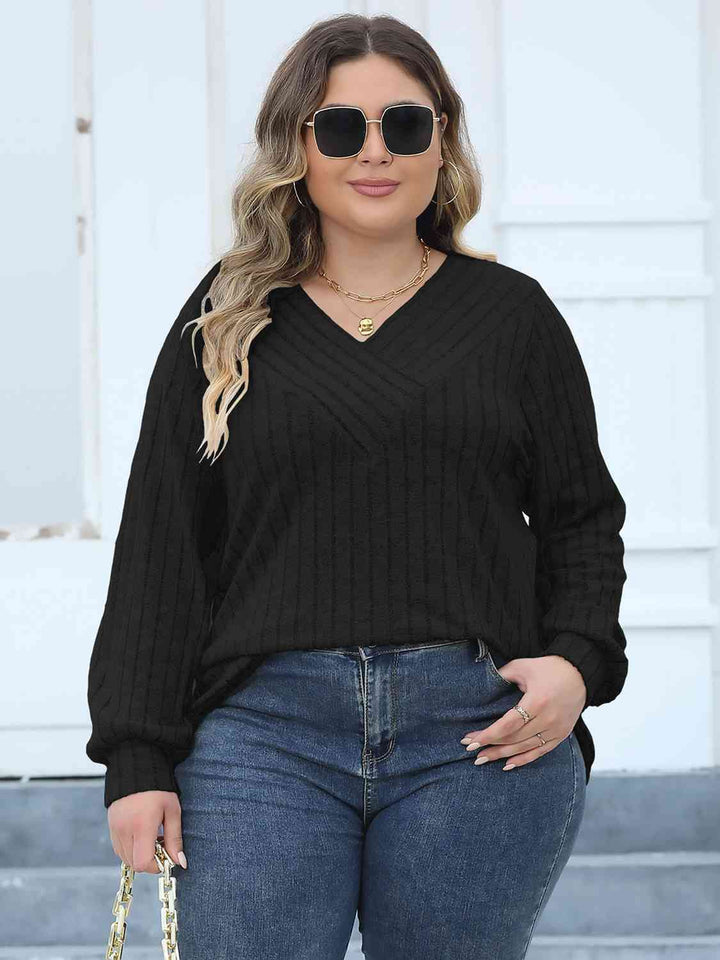 Plus Size Ribbed V-Neck Long Sleeve Top | 1mrk.com