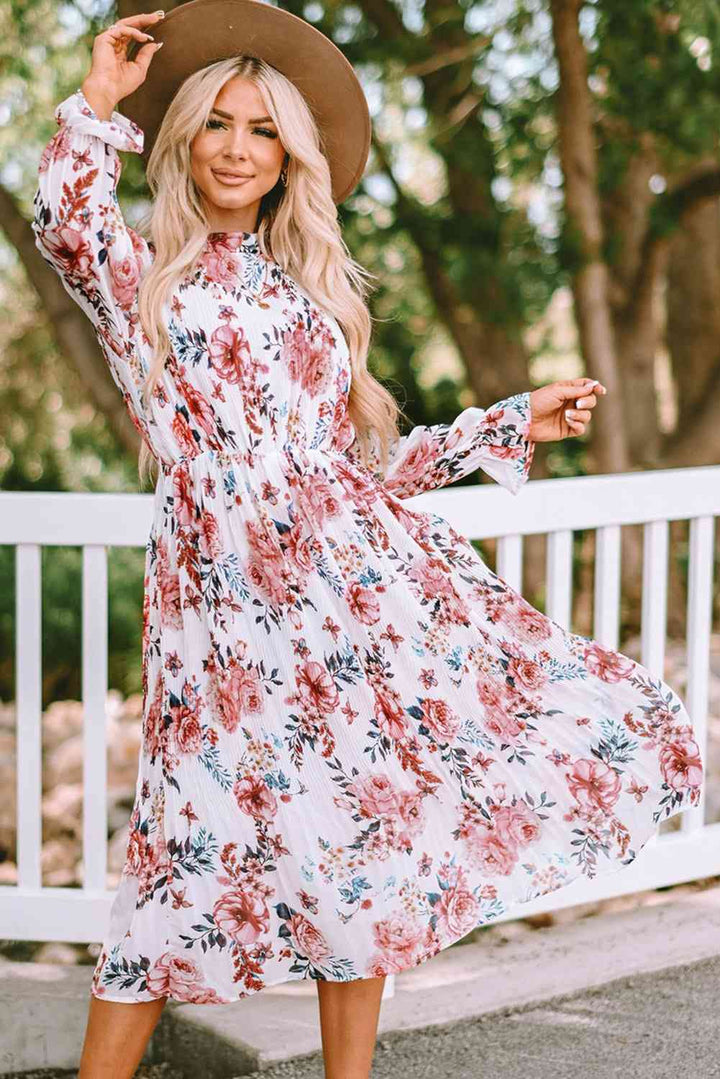 Floral Mock Neck Flounce Sleeve Midi Dress | 1mrk.com