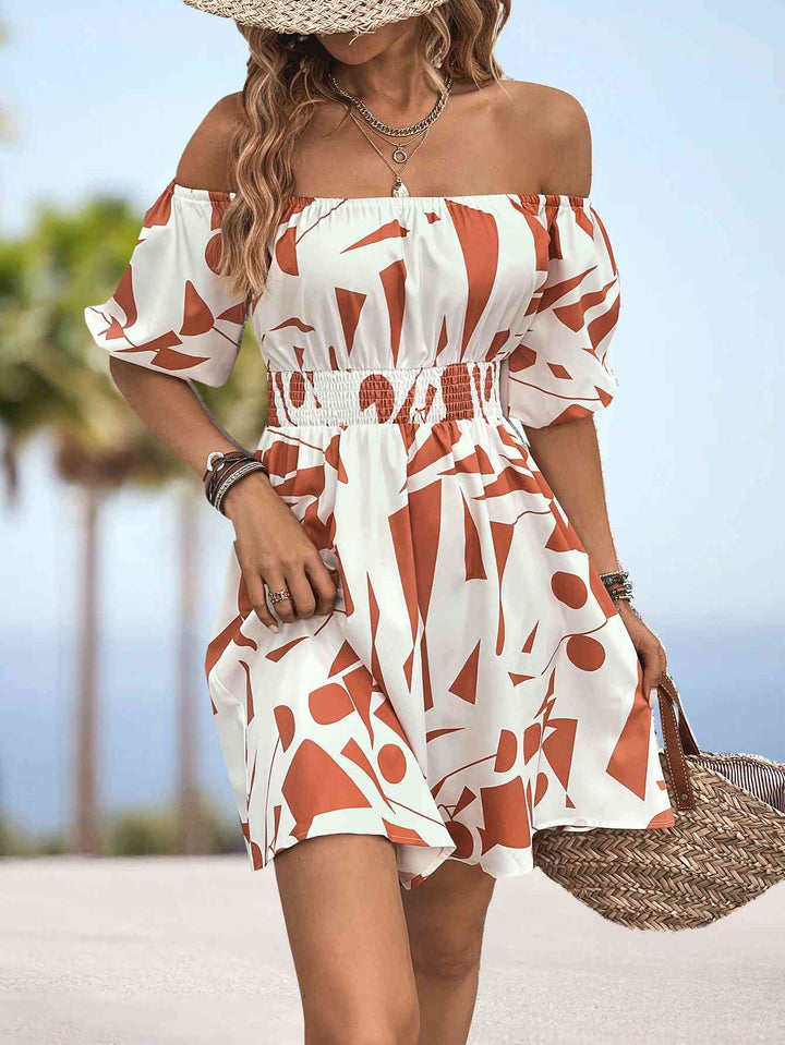 Printed Off-Shoulder Smocked Waist Dress |1mrk.com