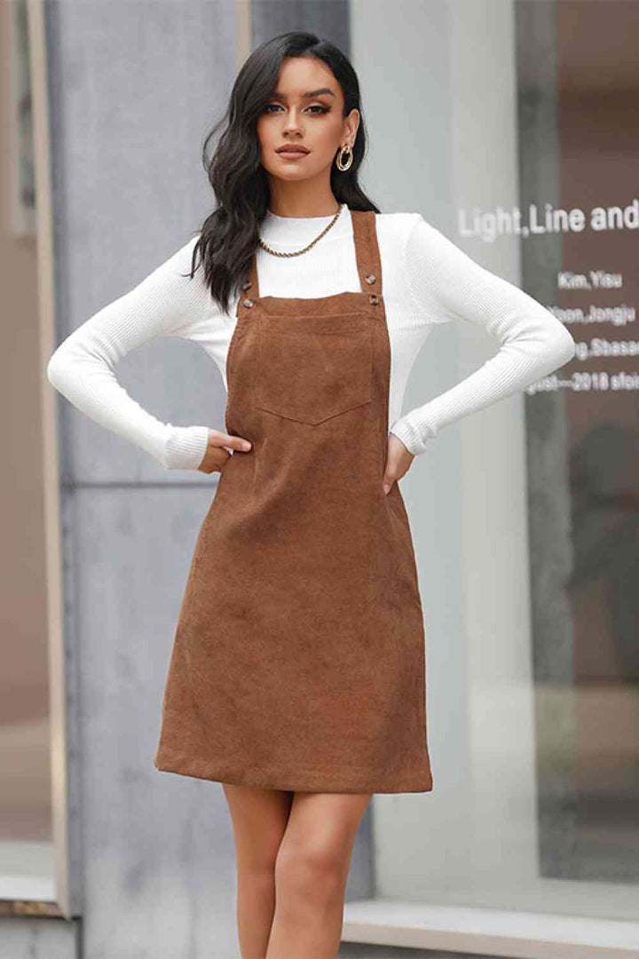 Corduroy Mini Overall Dress with Pocket |1mrk.com