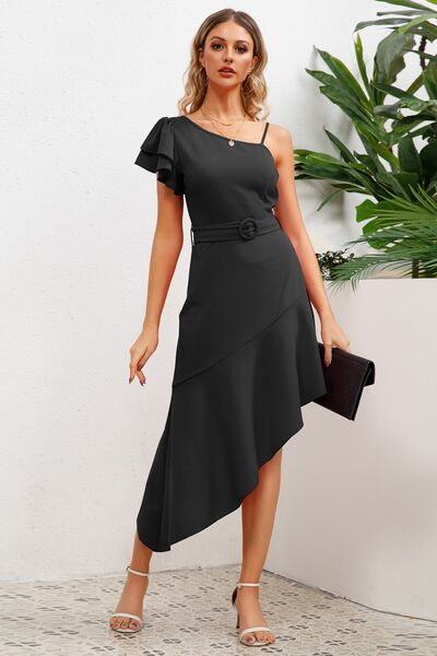 Ruffled Asymmetrical Neck Flutter Sleeve Dress |1mrk.com