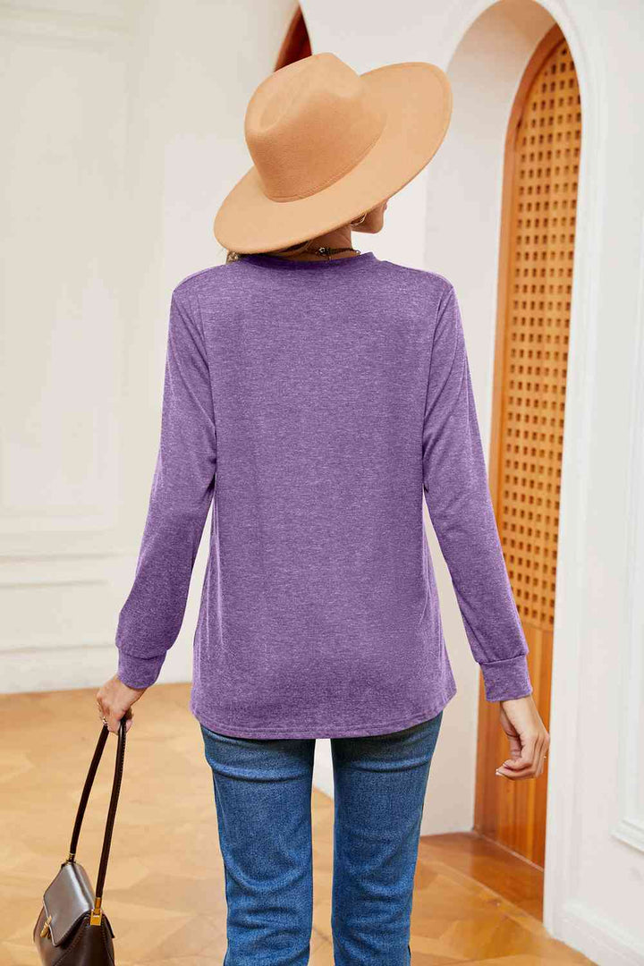 Buttoned Notched Neck Long Sleeve Top | 1mrk.com