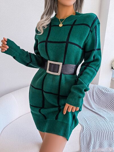 Plaid Round Neck Dropped Shoulder Sweater Dress |1mrk.com