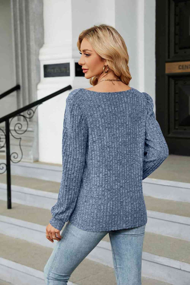 Ribbed Square Neck Long Sleeve T-Shirt | 1mrk.com