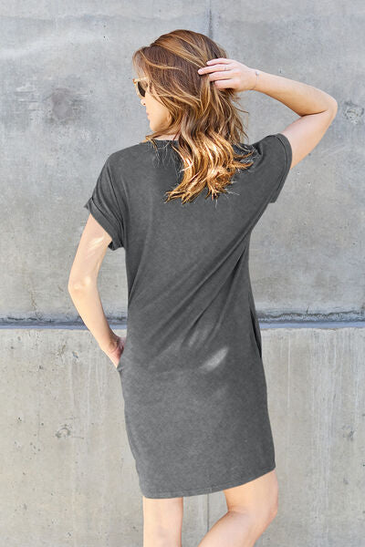 Basic Bae Full Size Round Neck Short Sleeve Dress with Pockets |1mrk.com