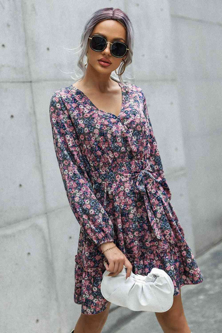 Floral Print Tie Waist Surplice Neck Mini Dress |1mrk.com