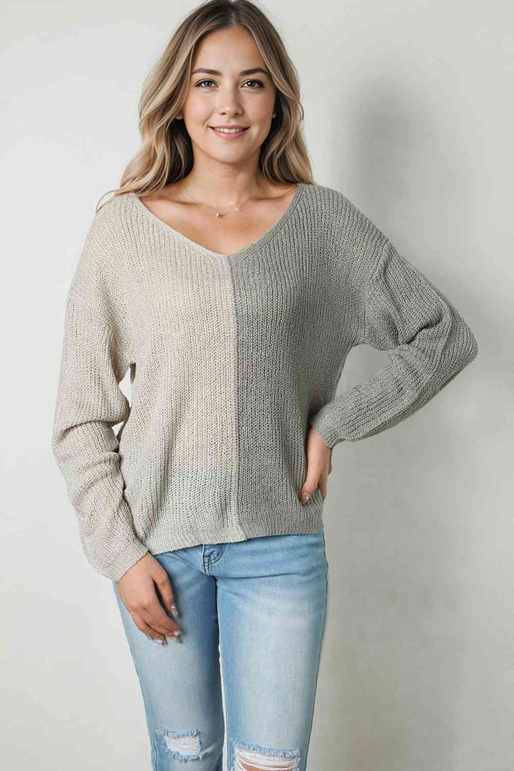 Contrast Color V-Neck Long Sleeve Pullover Sweater |1mrk.com