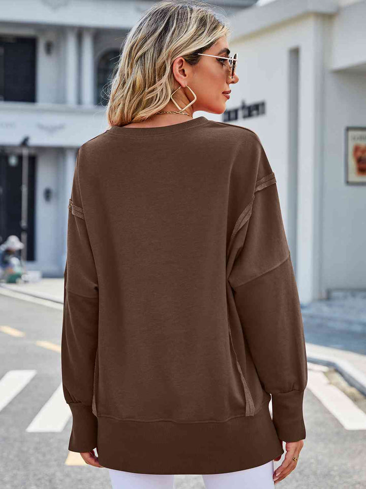 Exposed Seam High-Low Round Neck Sweatshirt |1mrk.com