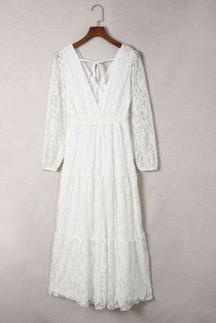 Puff Sleeve Tie-Back Lace Surplice Dress |1mrk.com