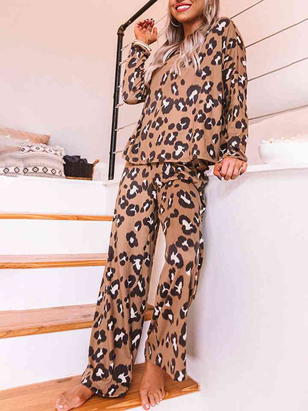 Leopard Long Sleeve Top and Pants Lounge Set | 1mrk.com