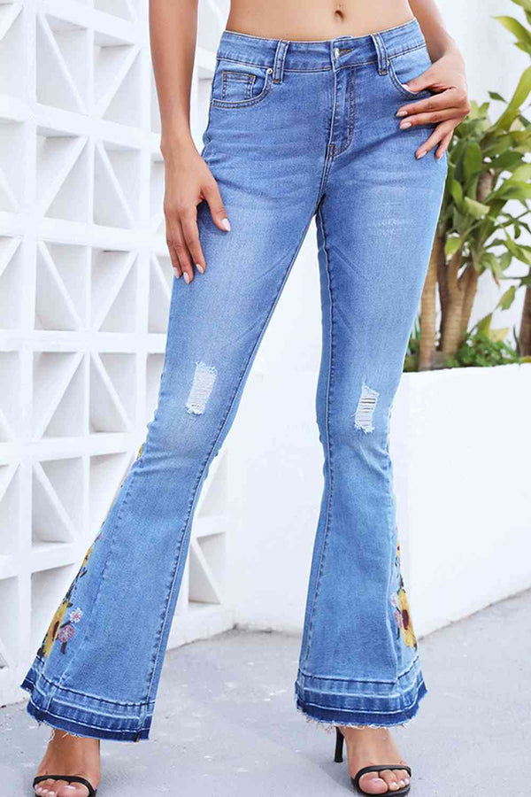 Full Size Flower Embroidery Distressed Wide Leg Jeans |1mrk.com