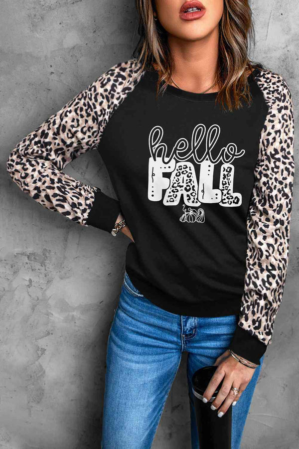 HELLO FALL Graphic Leopard Sweatshirt |1mrk.com