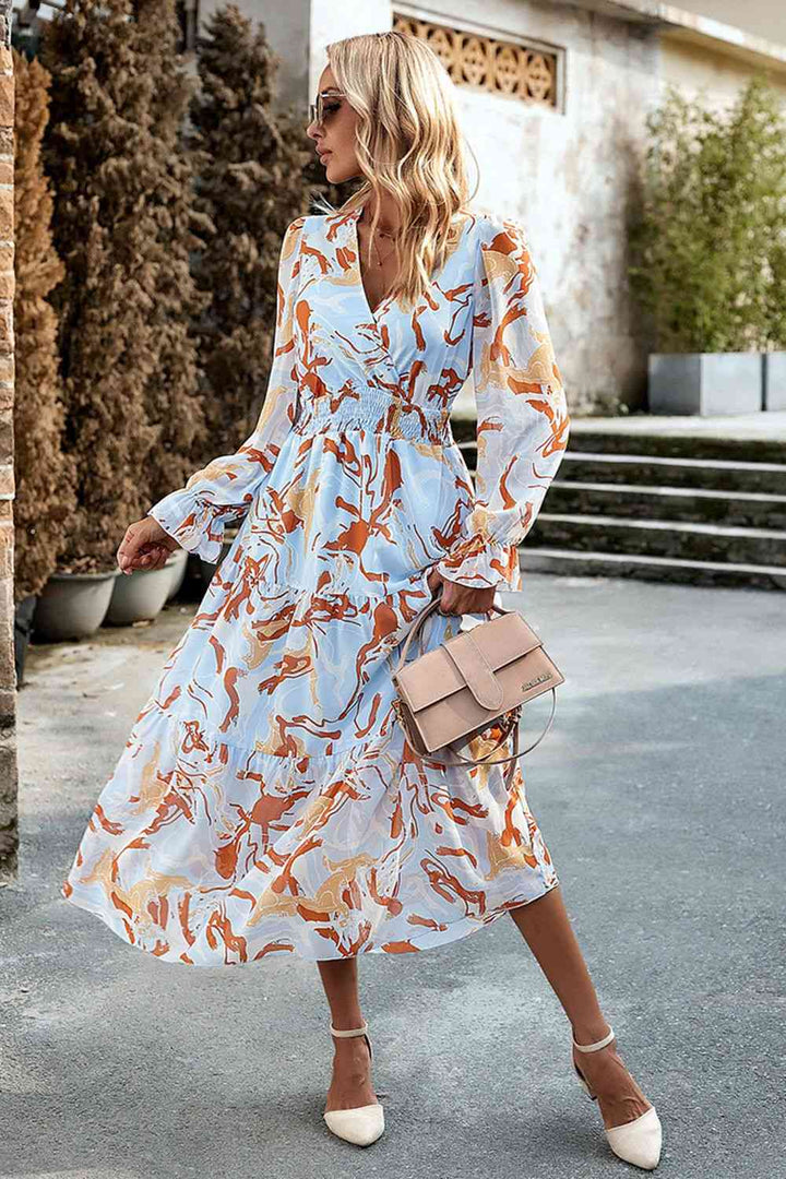 Printed Surplice Neck Flounce Sleeve Midi Dress |1mrk.com