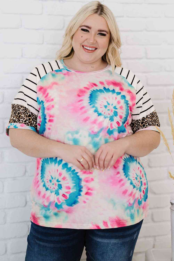 Plus Size Tie-Dye Mixed Print Raglan Sleeve T-Shirt | 1mrk.com