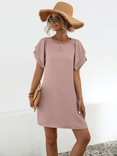 Round Neck Flutter Sleeve Mini Dress |1mrk.com