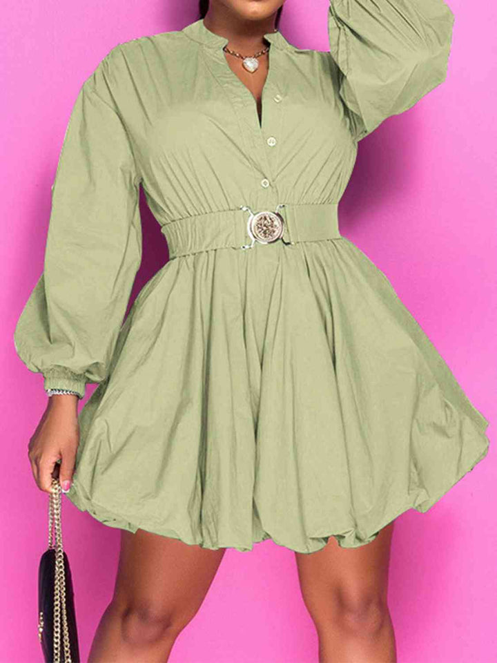 Notched Button Up Balloon Sleeves Dress | 1mrk.com