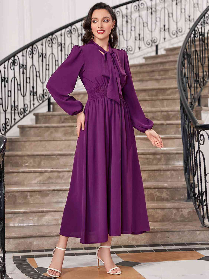 Tie-Neck Balloon Sleeve Dress |1mrk.com