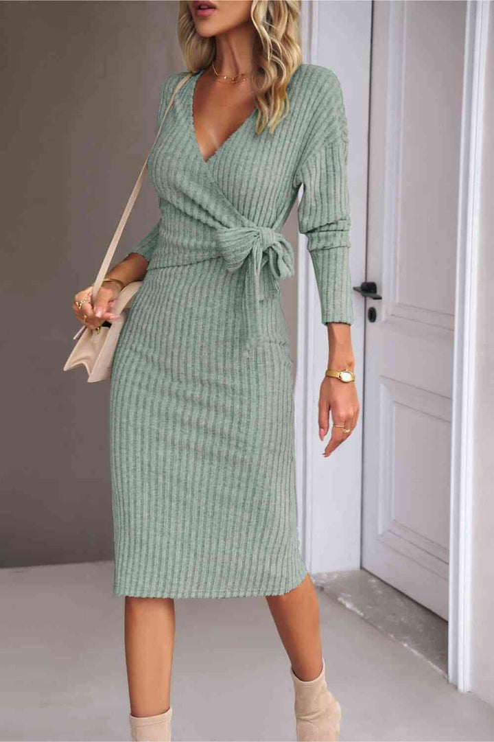 Surplice Neck Tied Ribbed Dress | 1mrk.com