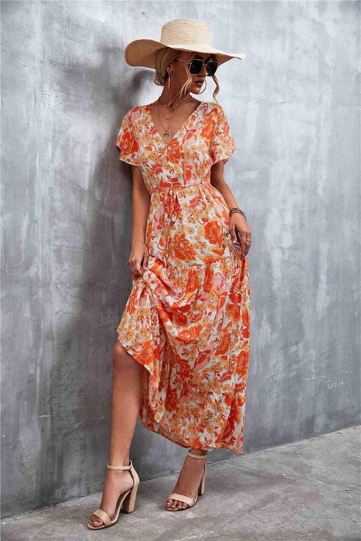 Floral Buttoned Drawstring Waist Tiered Dress |1mrk.com