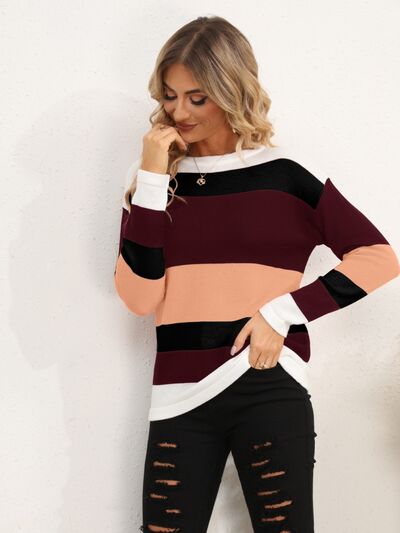 Striped Round Neck Dropped Shoulder Sweater |1mrk.com