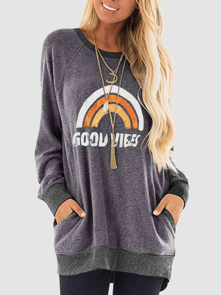 Rainbow Graphic Round Neck Sweatshirt with Pockets |1mrk.com