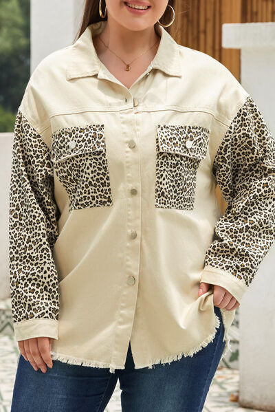 Plus Size Leopard Button Up Raw Hem Denim Jacket | 1mrk.com