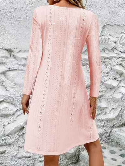 Eyelet V-Neck Long Sleeve Mini Dress |1mrk.com