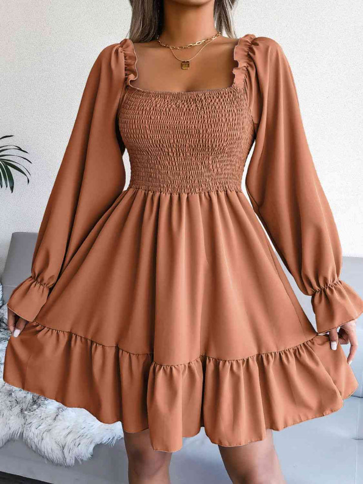 Smocked Flounce Sleeve Square Neck Dress |1mrk.com