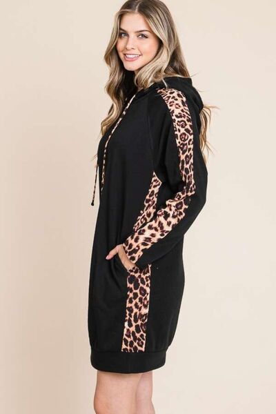 Culture Code Drawstring Leopard Long Sleeve Hooded Dress |1mrk.com