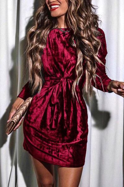 Tied Round Neck Long Sleeve Dress |1mrk.com