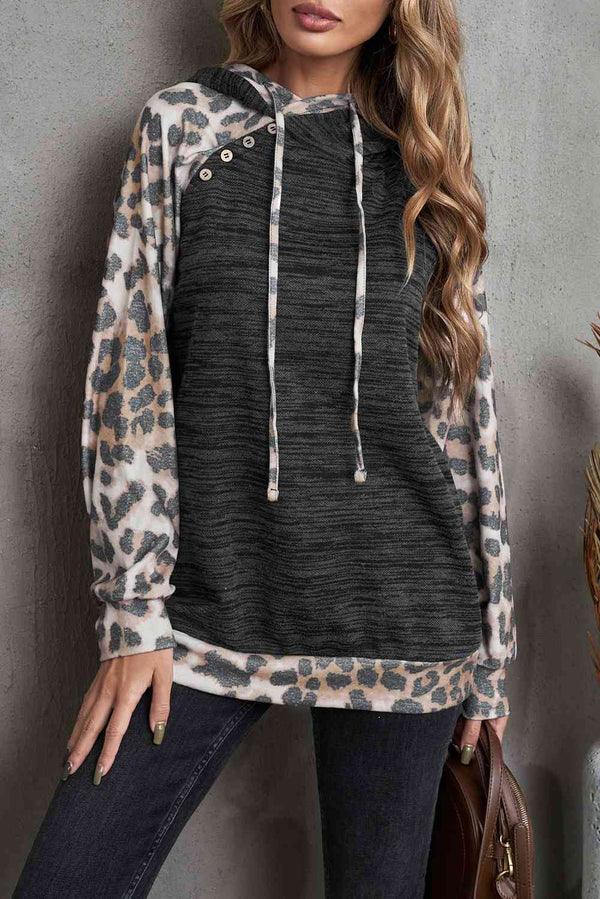 Leopard Color Block Raglan Sleeve Hoodie | 1mrk.com